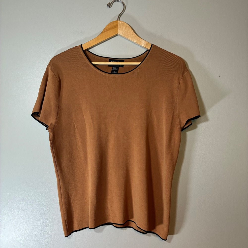 Finity Womens XL Camel Brown Black Contrast Trim Knit Short Sleeve Sweater Top